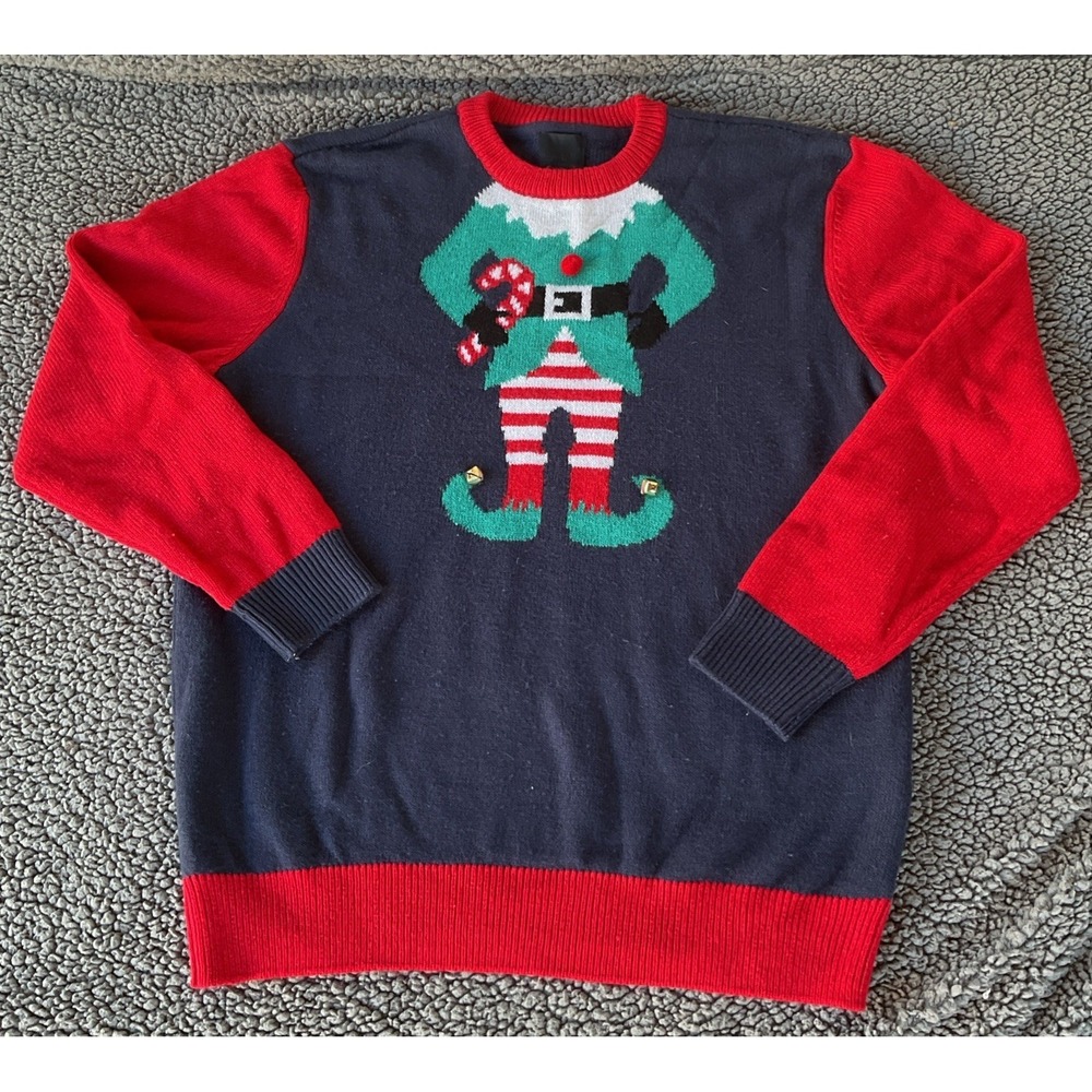 H&M Christmas Sweater Mens S Red Blue Bells Elf Holiday Party Ugly Knit Pullover